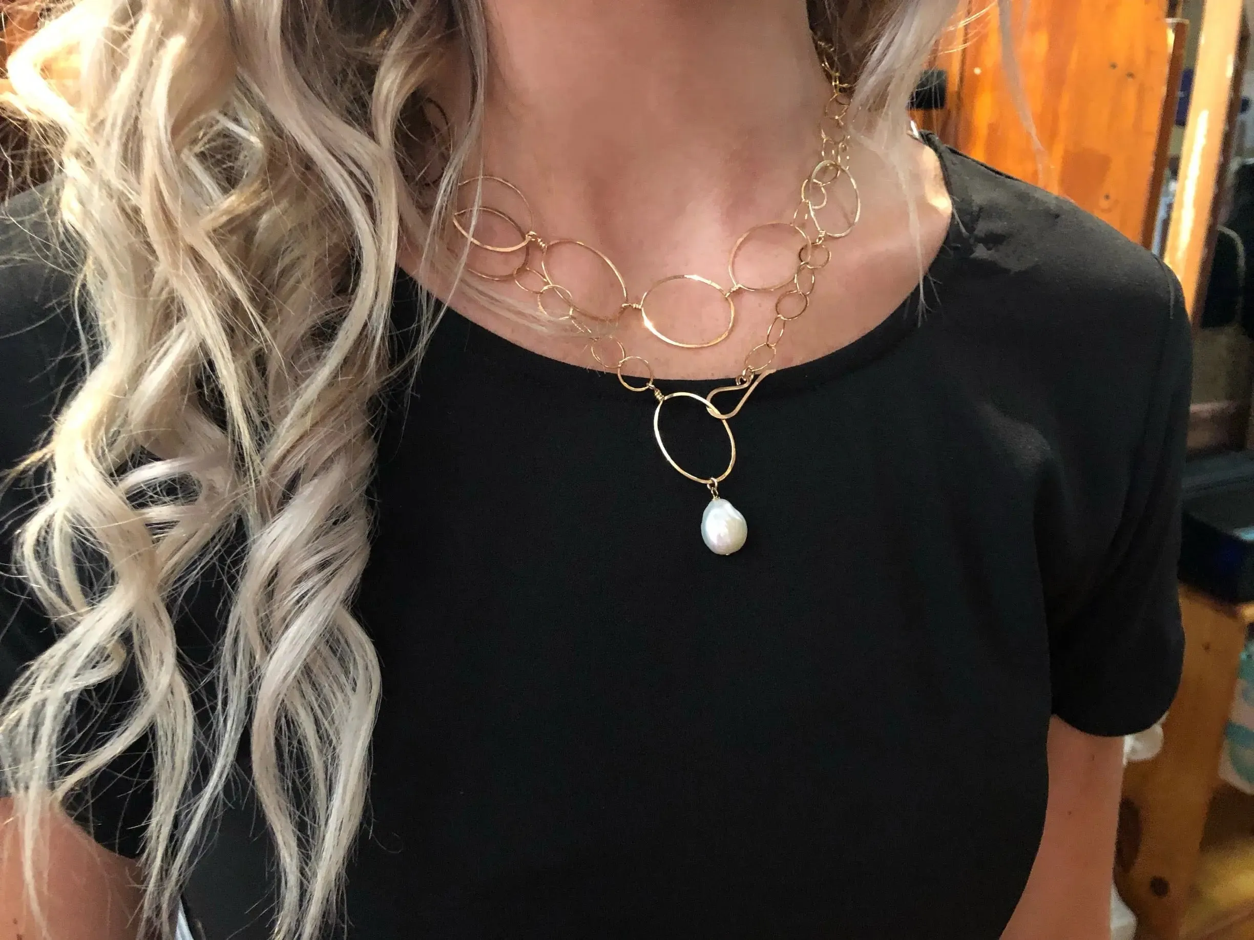 36" Forged Oval and Chain Necklace with Coin Pearl Drop