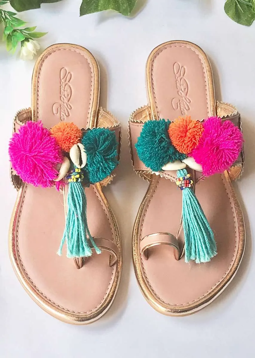 Baby Pink Kolhapuri Flats With Accents Of Multicoloured Pompoms, Shells And Tassels Online By Sole House