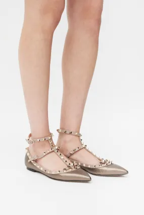 Brown & Pink Metallic Leather Rockstud Caged Ballet Flat