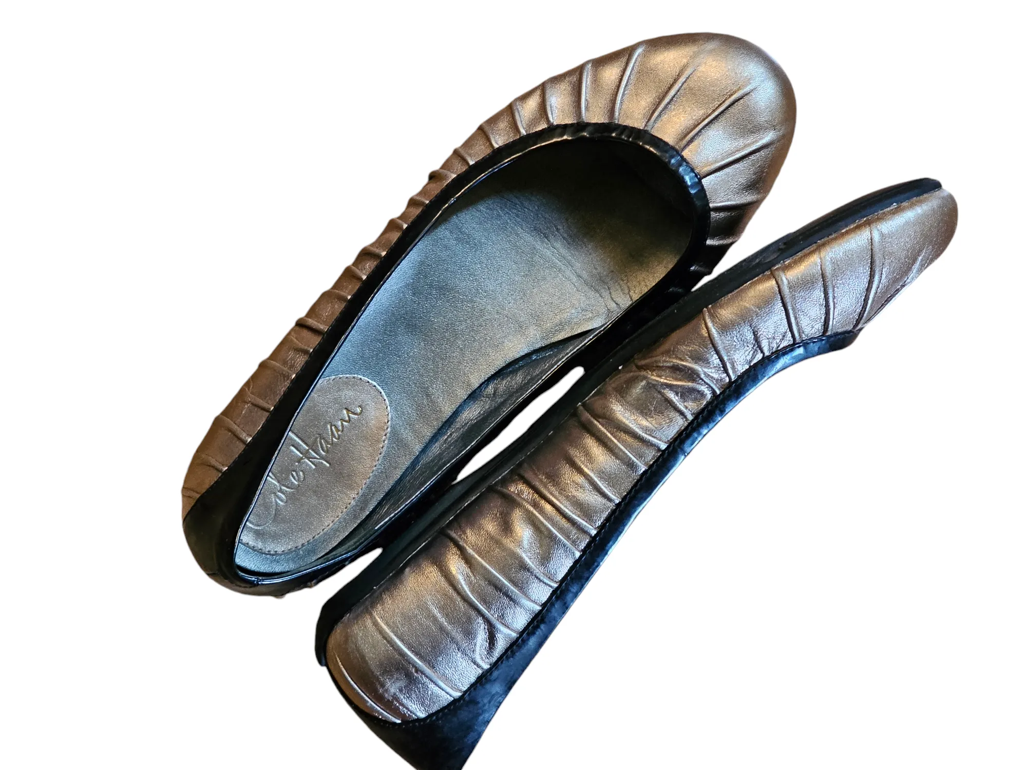 Cole Haan Nike Air Gold Metallic Pleated Leather Black Ballet Flats 8.5 B Medium