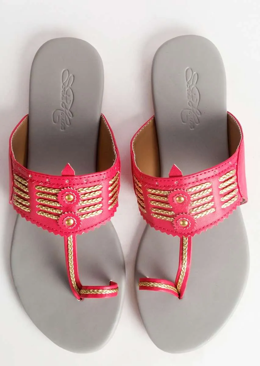 Magenta Multi Braid Kolhapuri With Light Grey Base By Sole House