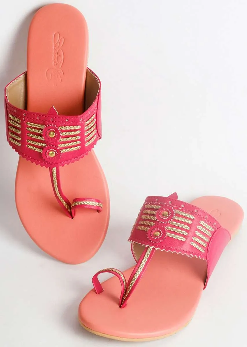 Magenta Multi Kolhapuri With Peach Base  By Sole House