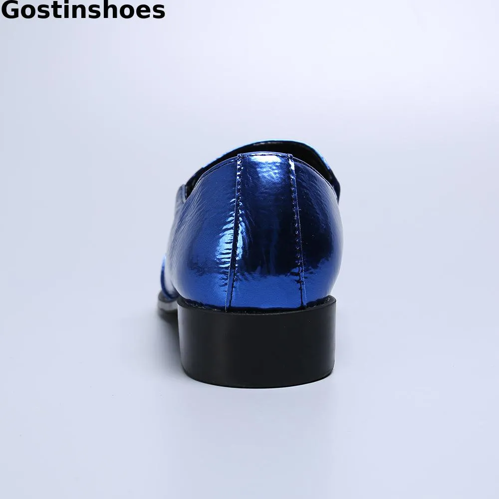 Men's Shoes Spring And Autumn British Business Dress Shoes Blue Genuine Leather Oxford Shoes Pointed Toe Slip On Fashion Style
