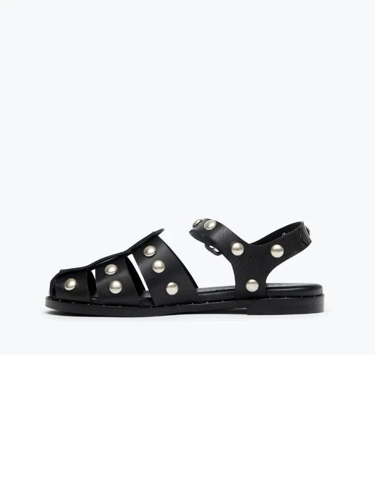 Sera Fisherman Sandal in Black Calf with Studs