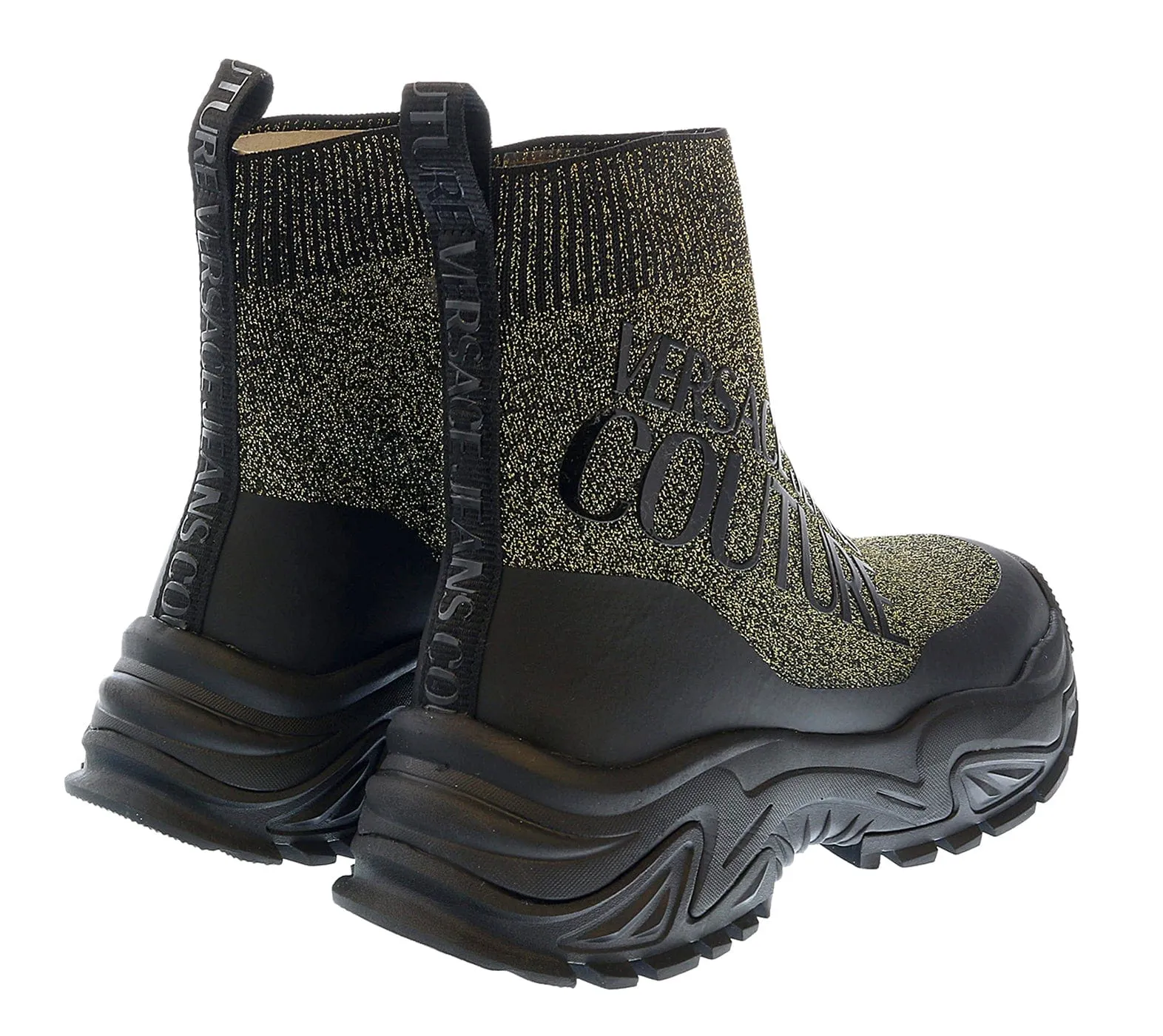 Versace Jeans Couture Black Gold Lurex Knit Pull On Sock Ankle Boots-