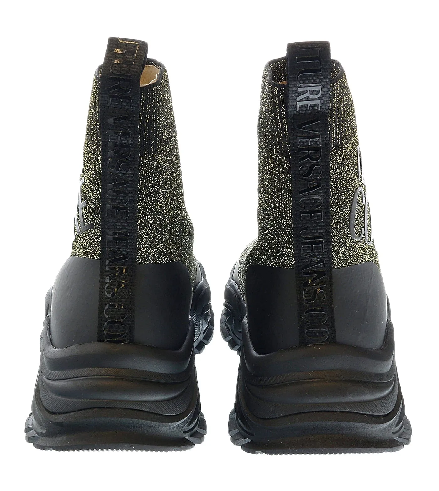 Versace Jeans Couture Black Gold Lurex Knit Pull On Sock Ankle Boots-