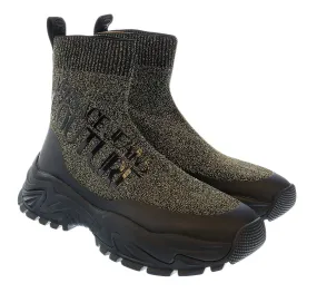 Versace Jeans Couture Black Gold Lurex Knit Pull On Sock Ankle Boots-