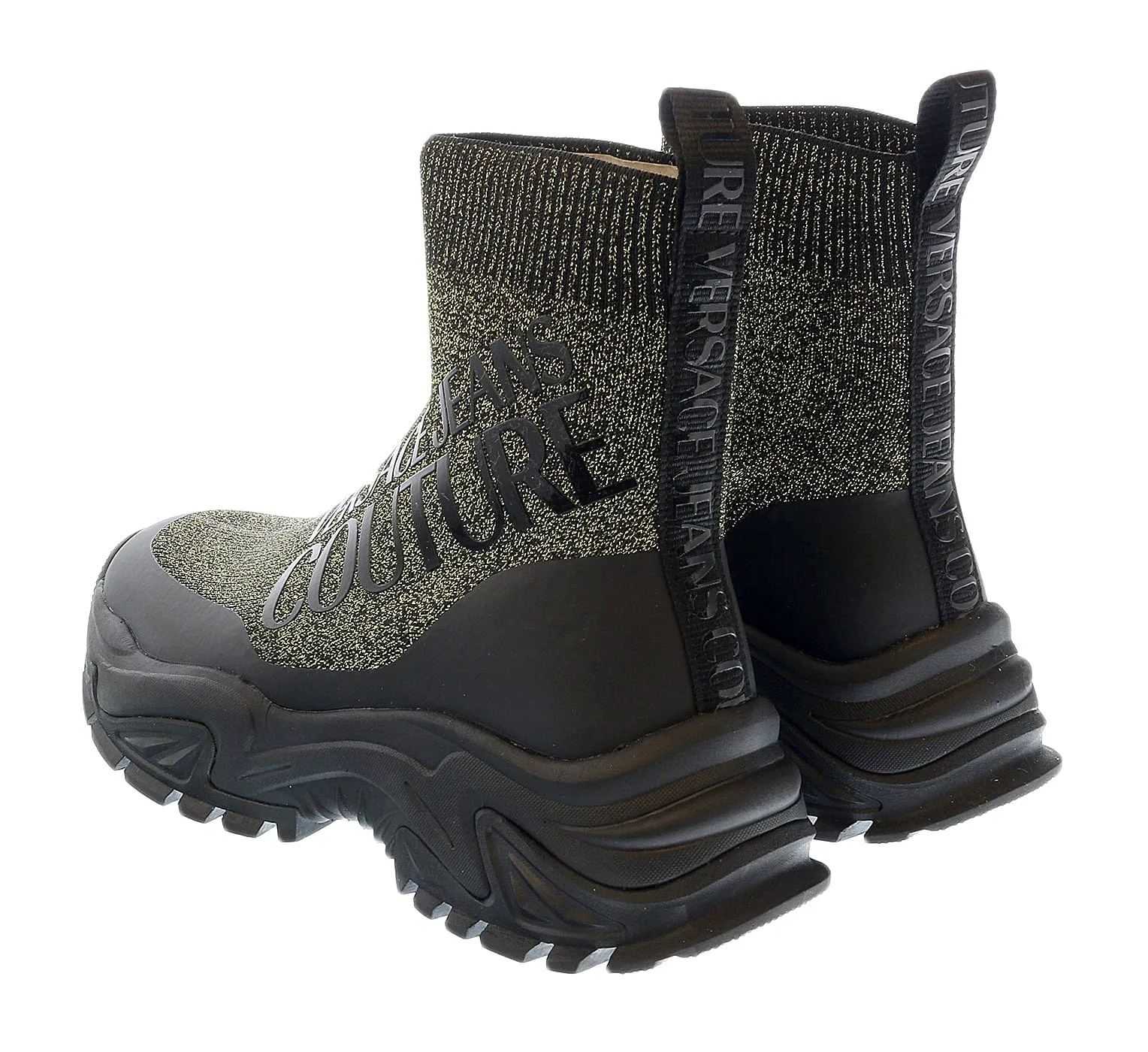 Versace Jeans Couture Black Gold Lurex Knit Pull On Sock Ankle Boots-
